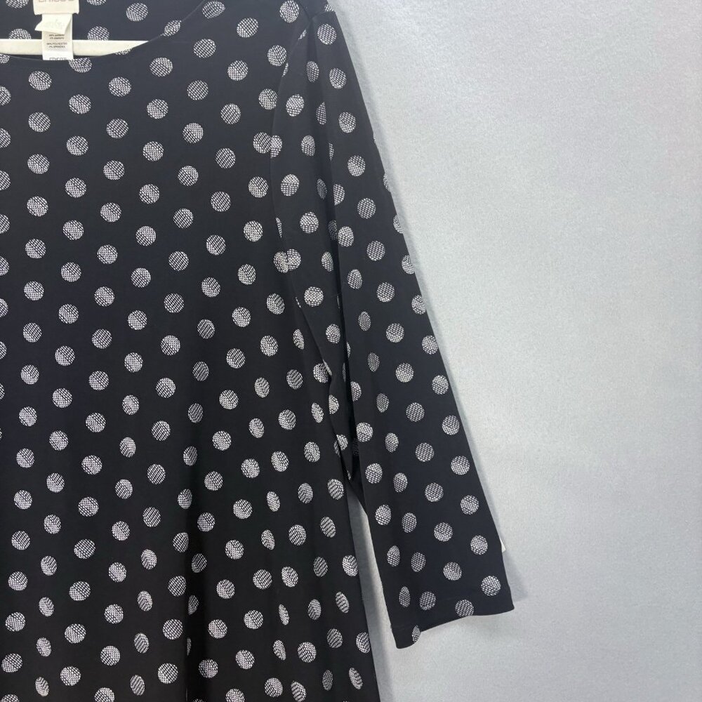 CHICO'S SZ 1(Med-Large)Pullover Tunic Top 3/4 Sleeve Black White Polk Dot Artsy - Picture 3 of 14
